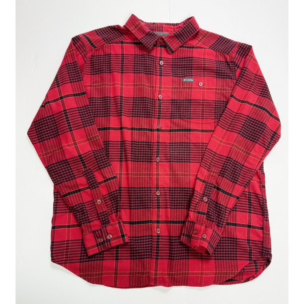 Columbia Mens Shirt Large Button Down Long Sleeve Lightweight Red Black Plaid